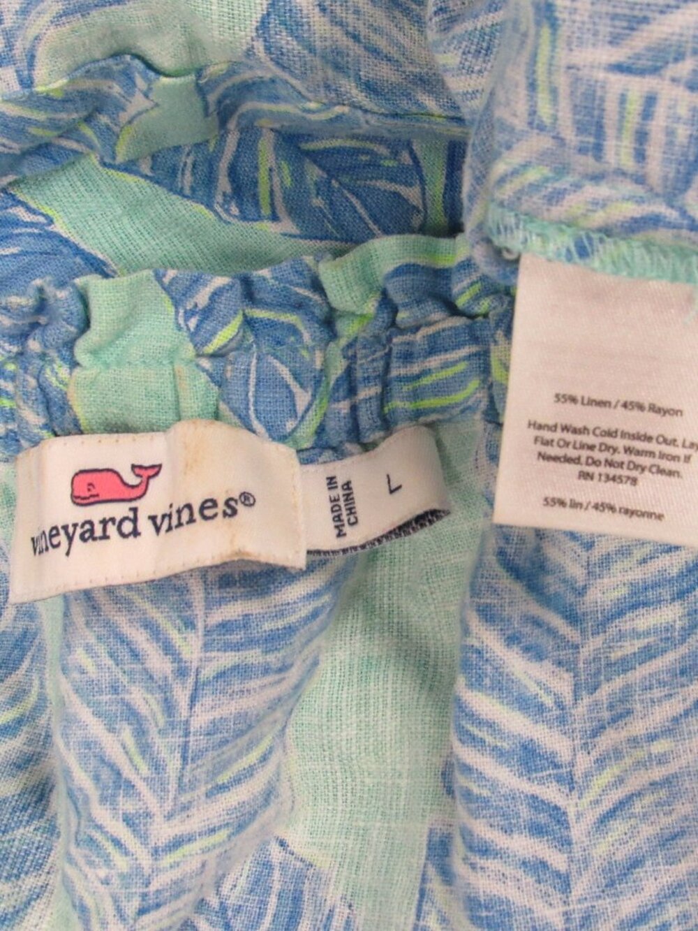 Vineyard Vines Linen Blend Off Shoulder Mini Dress Sz L Beach Hawaii Palm Print - Picture 4 of 4
